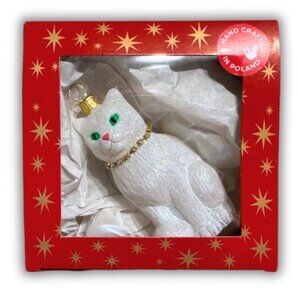 Sparkling White Glitter Cat Glass Christmas Tree Ornament Shiny Handcrafted New